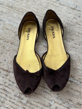 Prada Brown Suede Peep-Toe Flats with Gold Insole